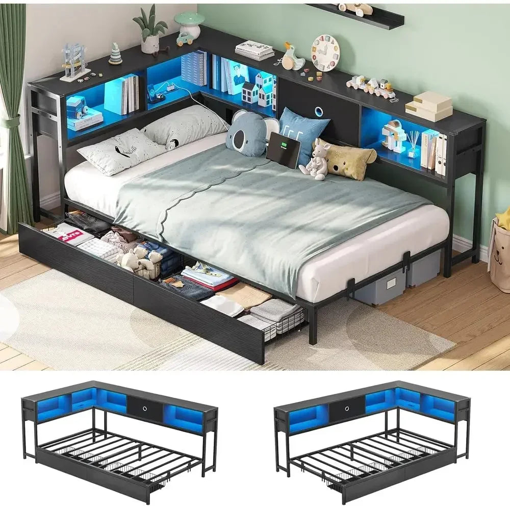 Metal Platform Bed With Storage Drawers Bookcase Charging Station LED