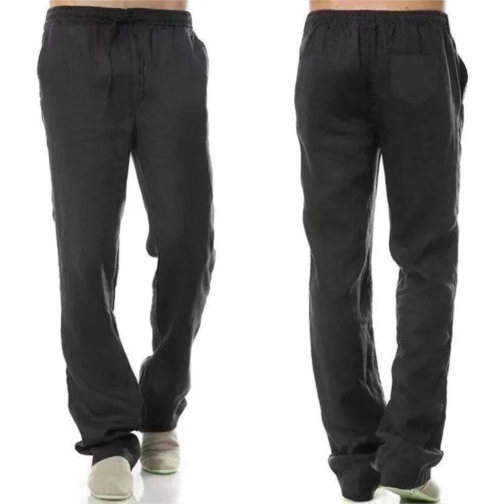 Men's Cotton Linen Pants Autumn Breathable Flat Front Trousers