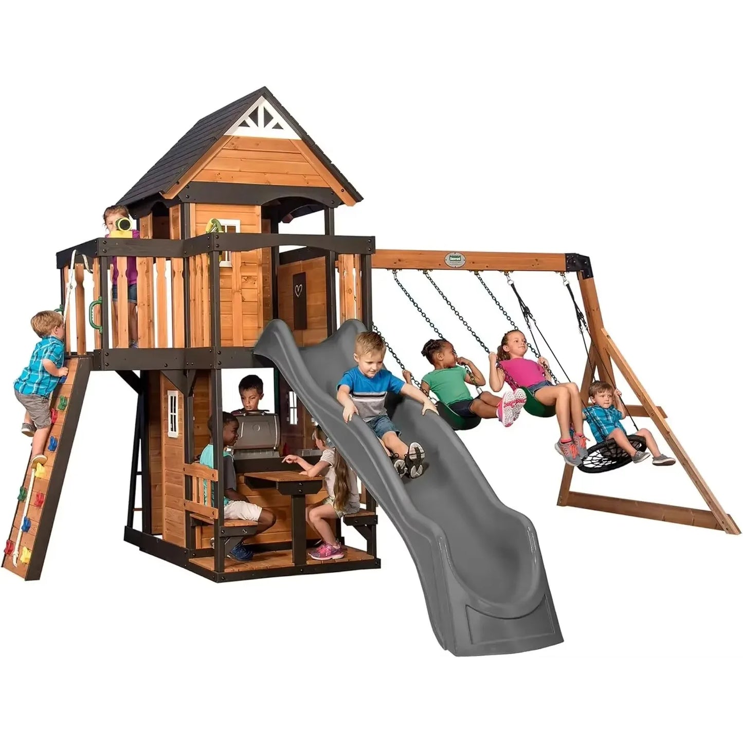Canyon Creek Cedar Wood Swing Set With Wave Slide Playhouse