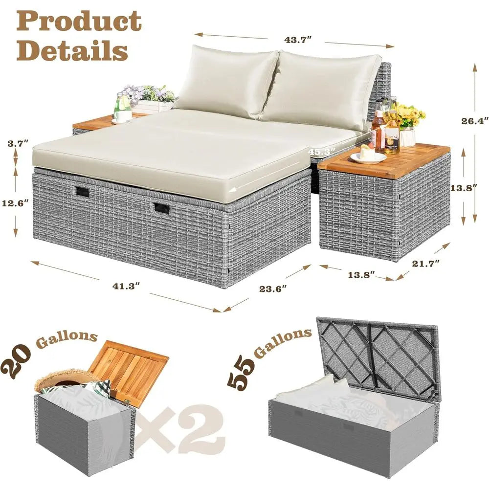 Rattan Daybed With Side Tables And Storage Ottoman