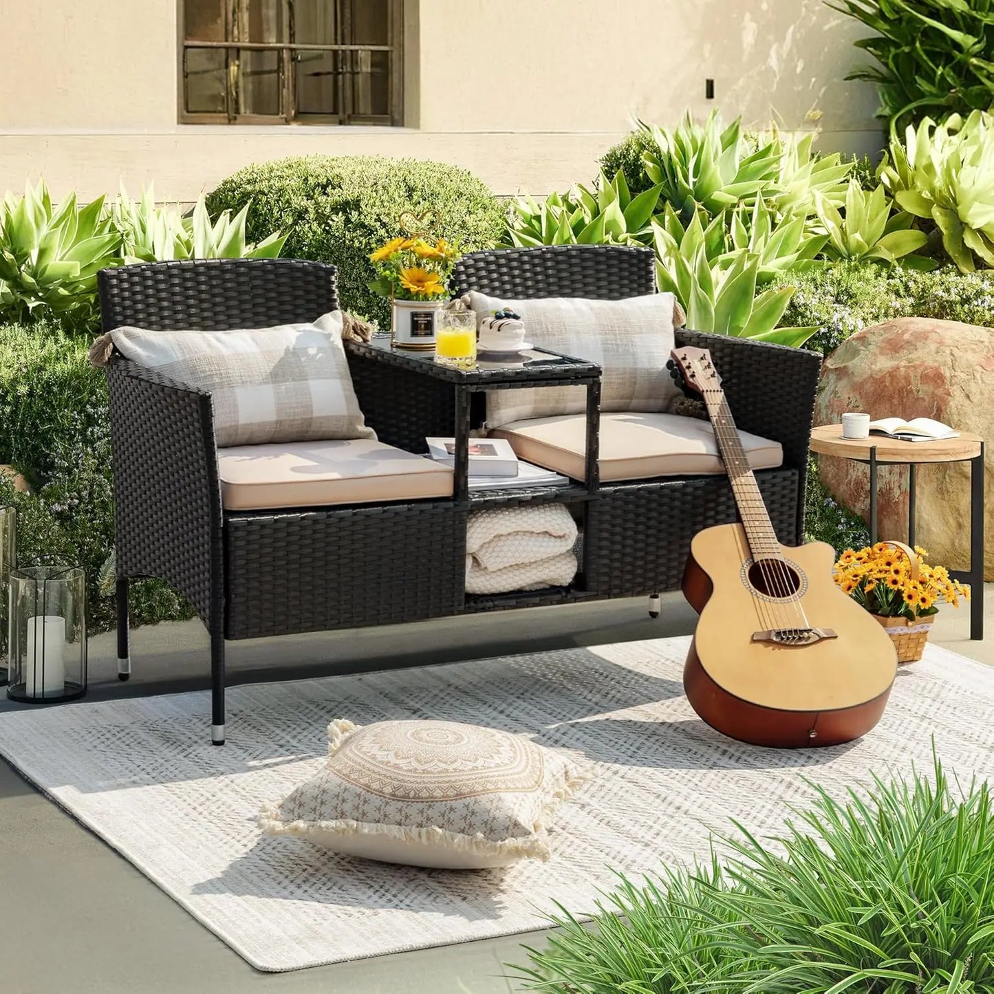 Modern Rattan 2 Seat Patio Conversation Set With Cushions