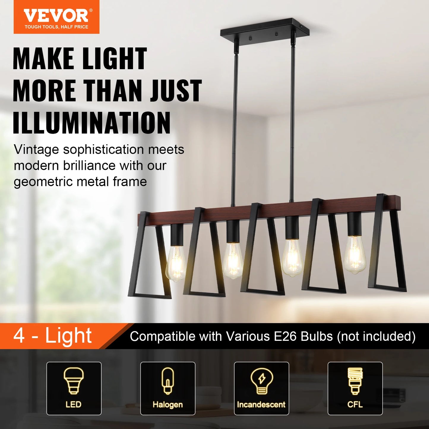 Industrial Metal Farmhouse 4 Light Kitchen Island Pendant With Rods