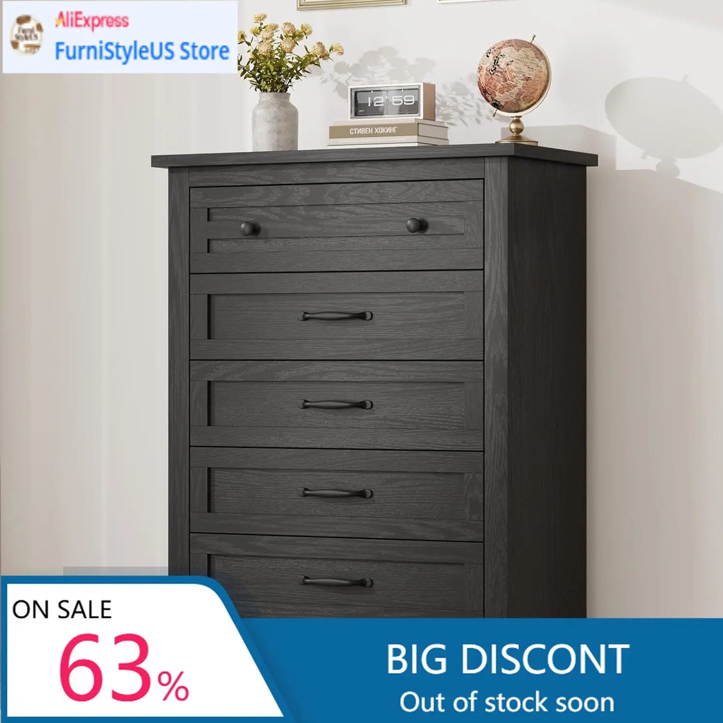 Vertical 5 Drawer Wooden Dresser For Bedroom And Living Room