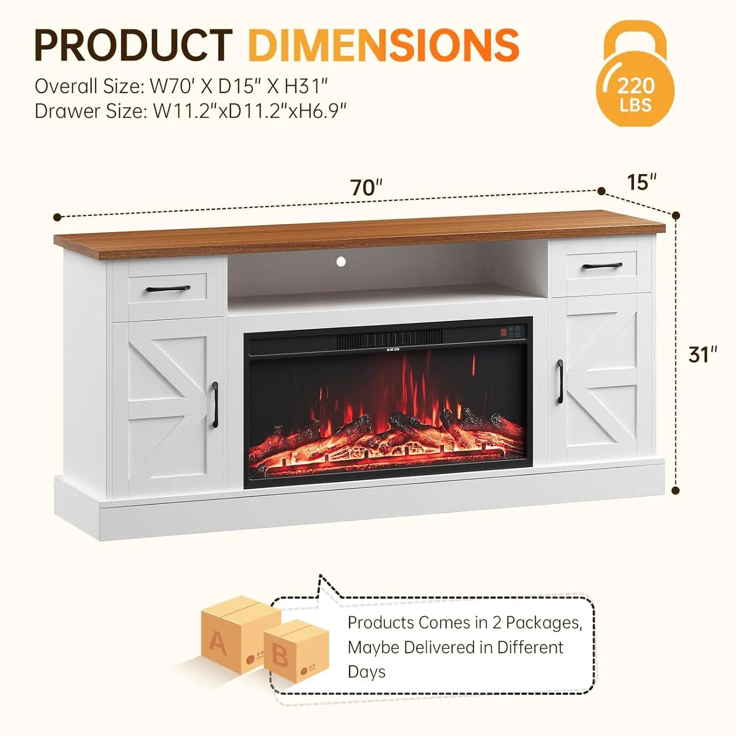 Farmhouse Style Electric Fireplace TV Stand Console Unit