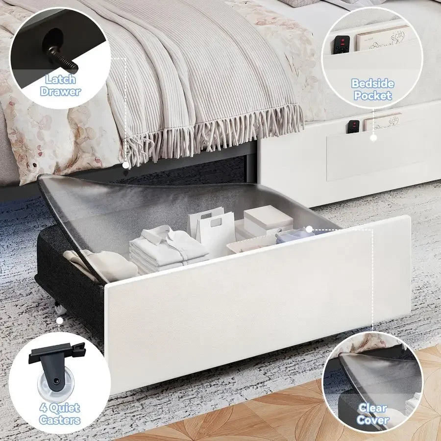 LED PU Upholstered Bed Frame With 2 Drawers Smart Lighting