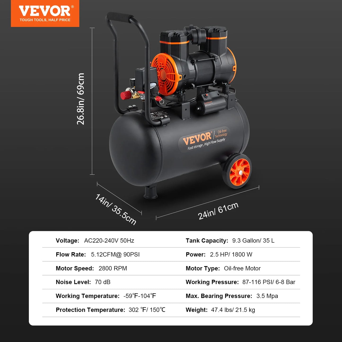Silent Air Compressor 900W 1450W 1800W Oil Free Portable
