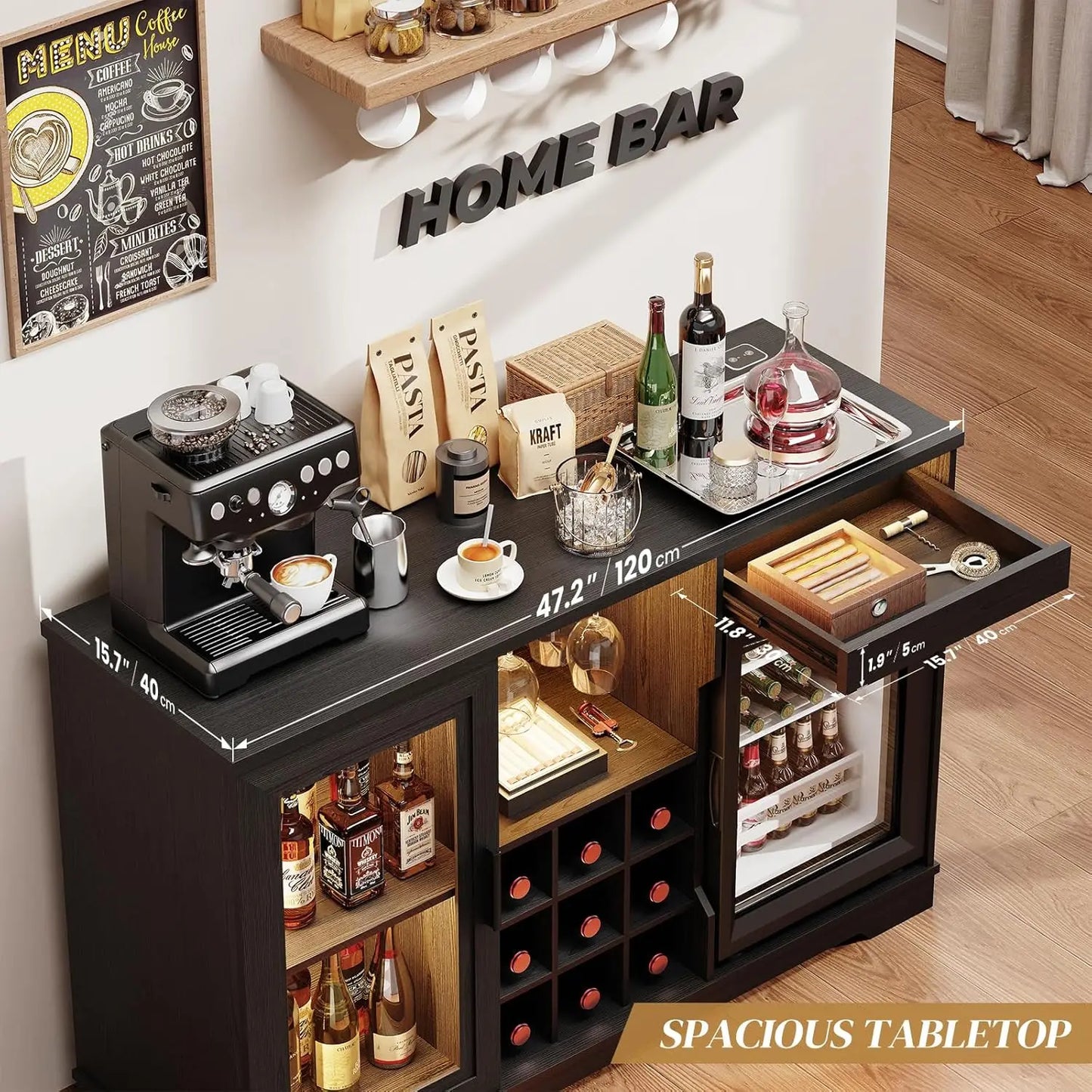 Wine Bar Cabinet With Fridge Included And LED Lights