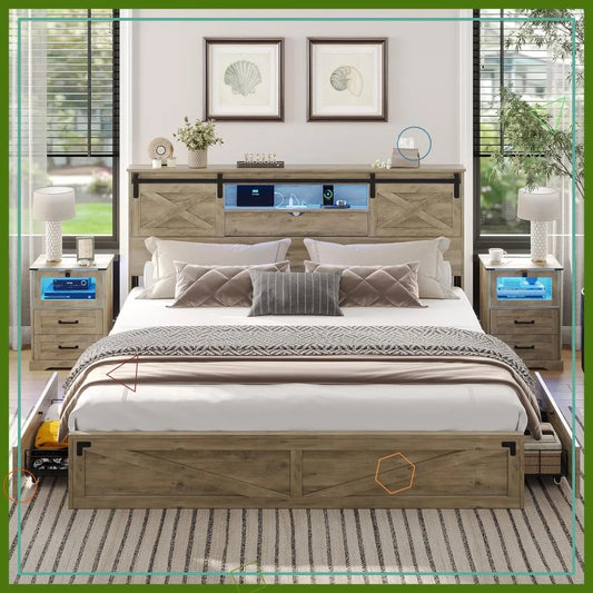 Bed Frame Rustic Farmhouse Style Storage Headboard LED Lights Charging Station