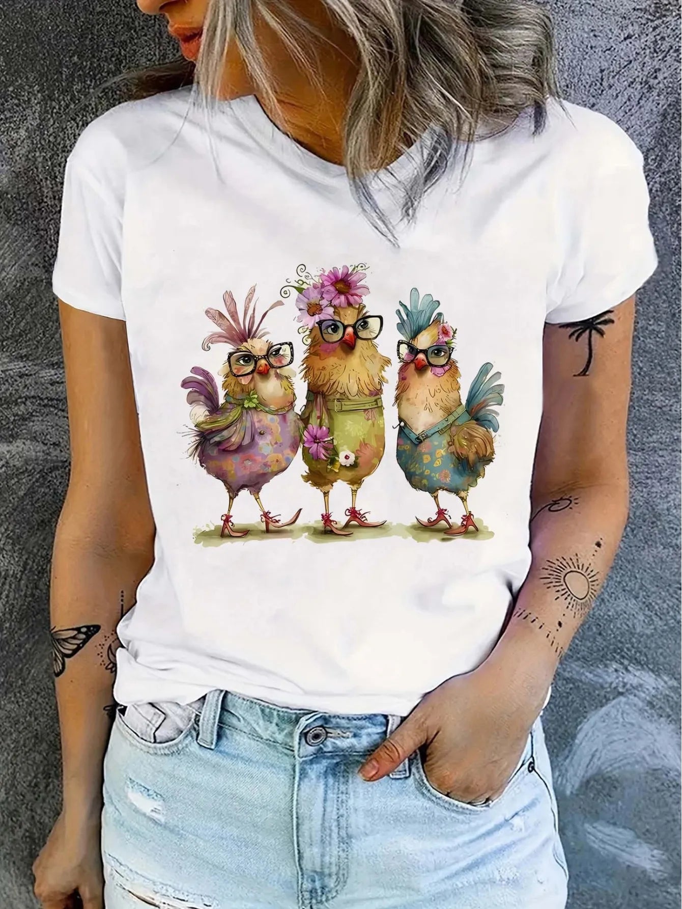 Cute Chicken Print Crew Neck Casual Top