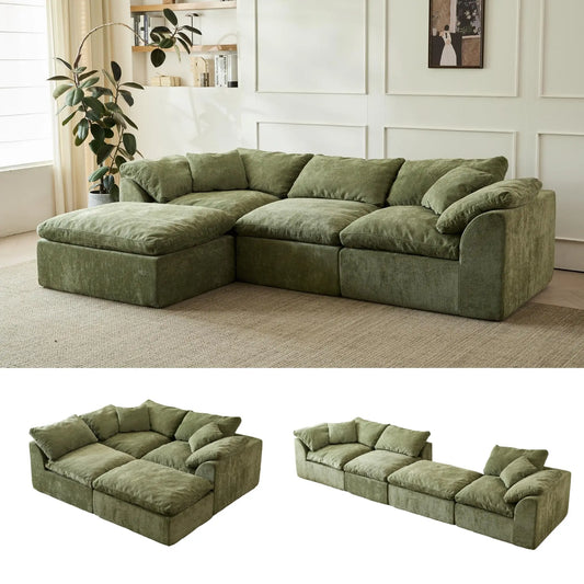 Chenille L Shaped Sofa With Ottoman Modern Living Room