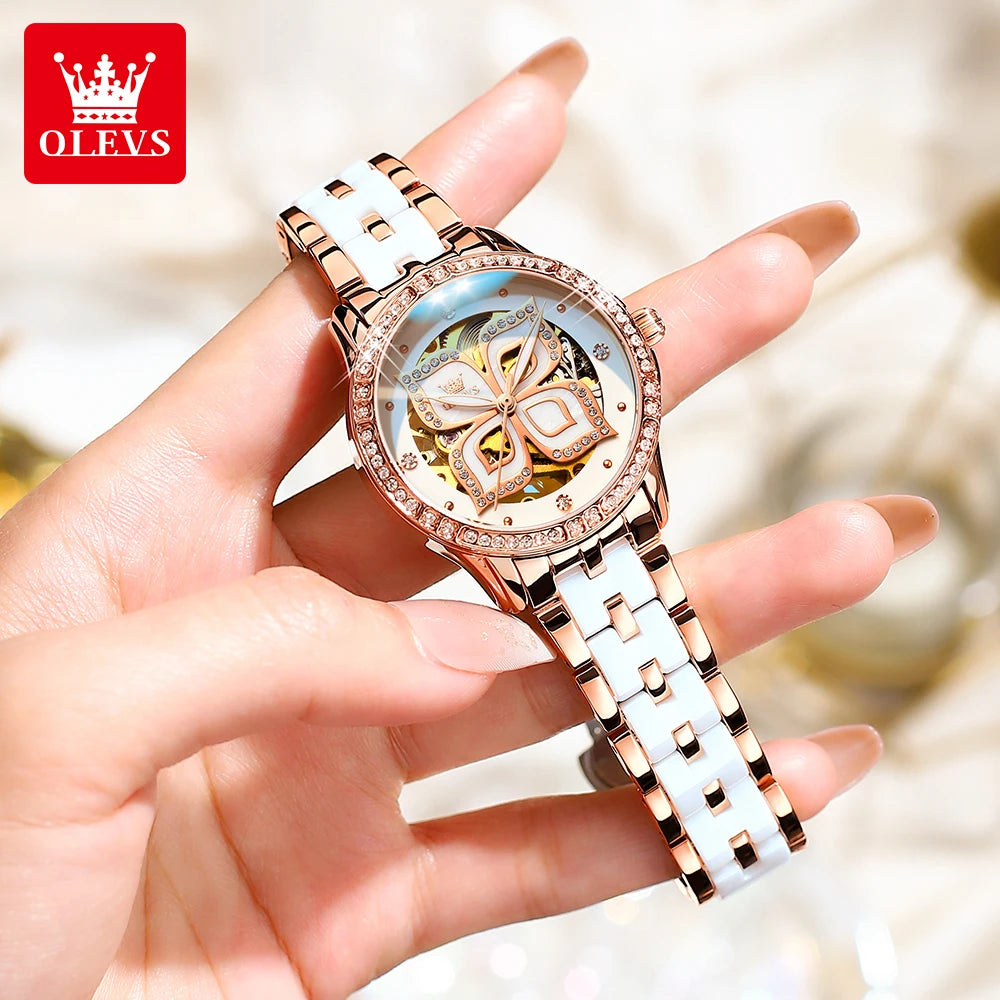 OLEVS Diamond Mechanical Waterproof Watch Gift Set for Women