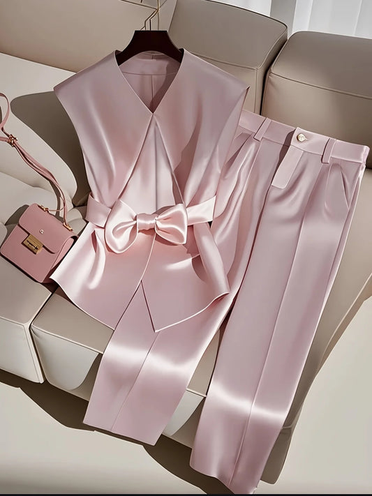 ZHUANIE Sleeveless Top And Trousers Two-Piece Set For Office Ladies