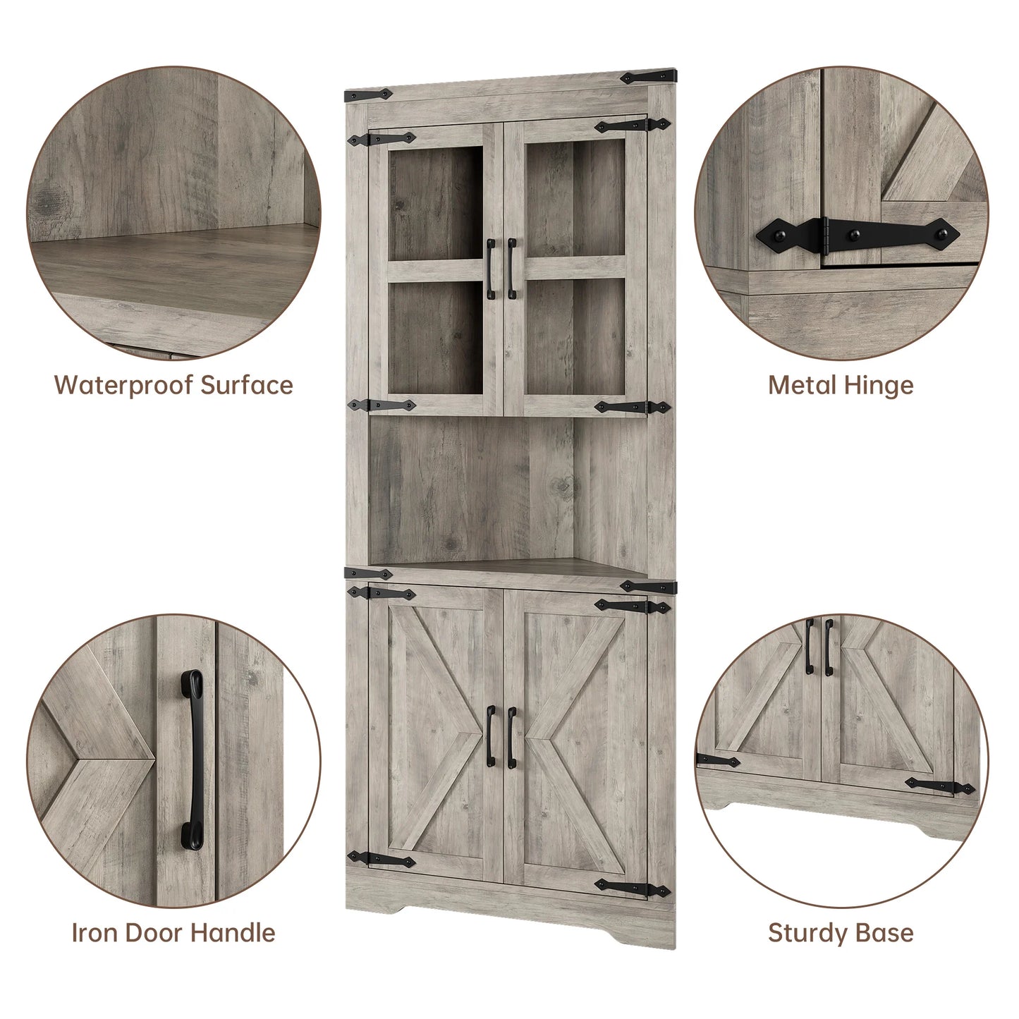 Farmhouse Tall Corner Cabinet With Barn Door And Adjustable Shelves
