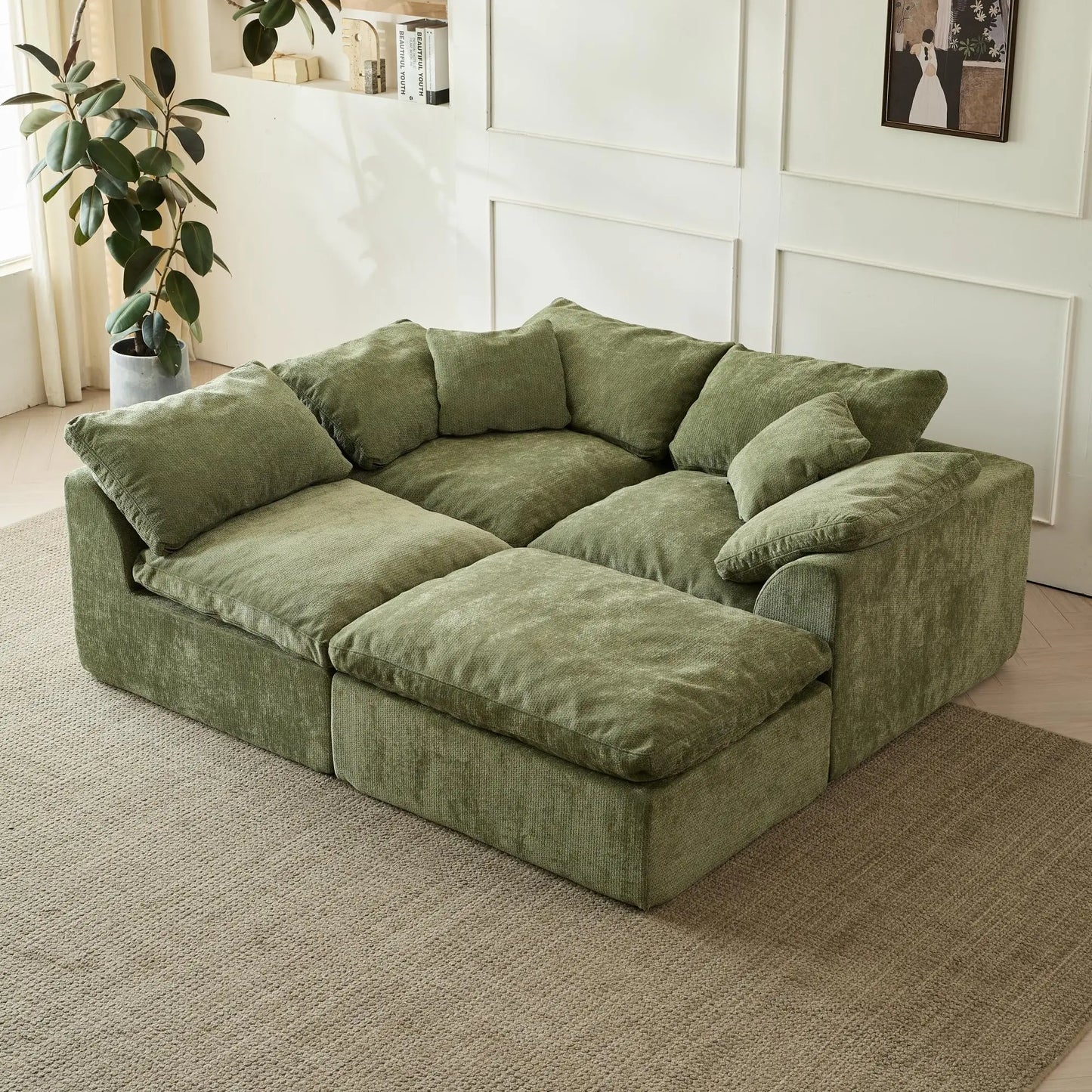 Chenille L Shaped Sofa With Ottoman Modern Living Room