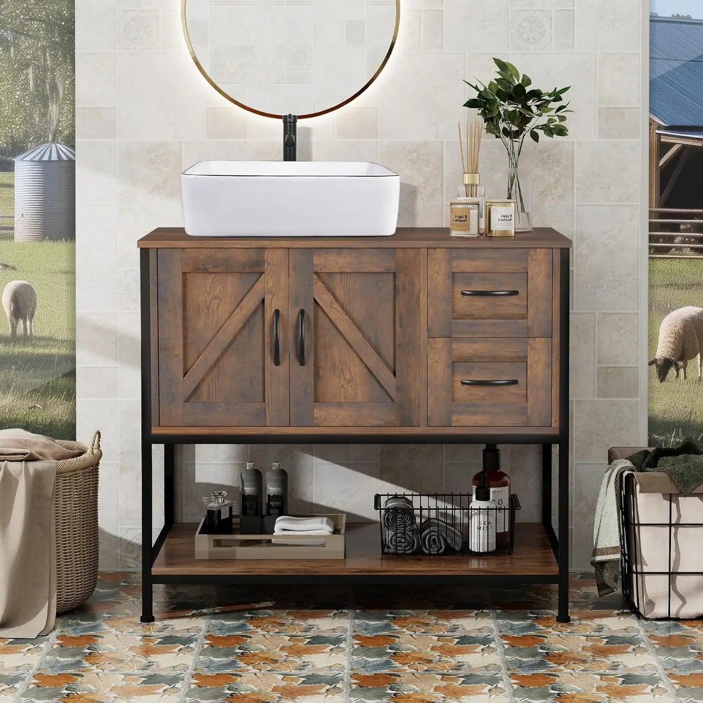 Rustic Farmhouse Vanity With Vessel Sink Cabinet Set