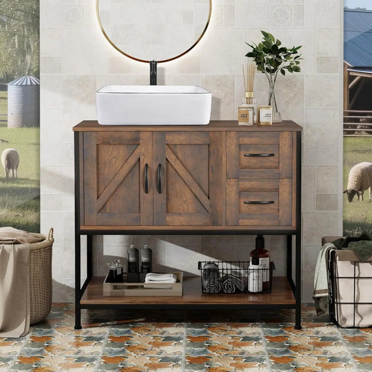 Rustic Farmhouse Vanity With Vessel Sink Cabinet Set