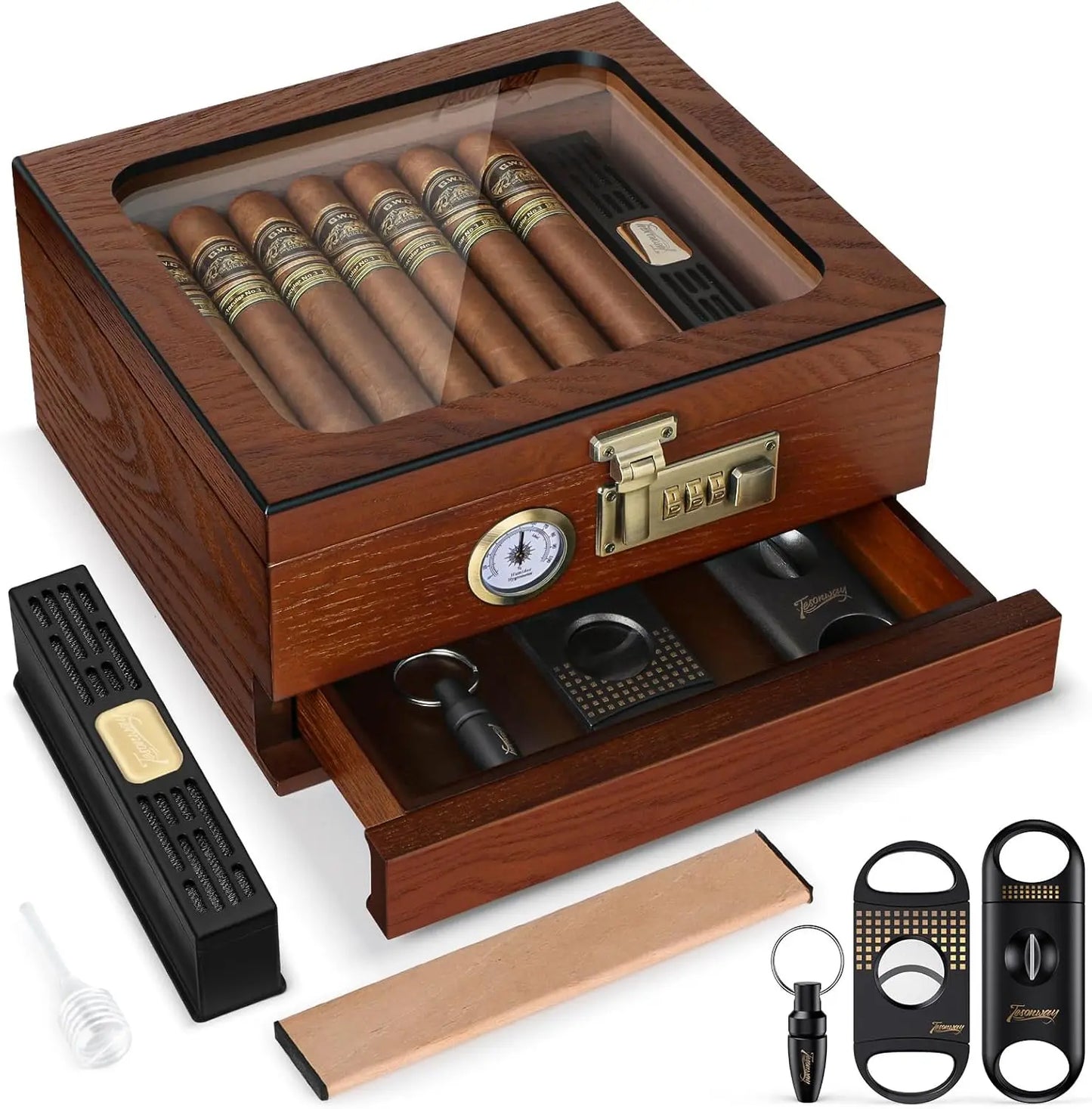 Tesonway Cedar Wood Desktop Cigar Humidor With Front Hygrometer