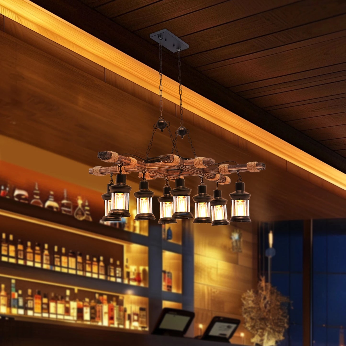 Retro Vintage Wood Ceiling Pendant Chandelier E27 Adjustable Chain