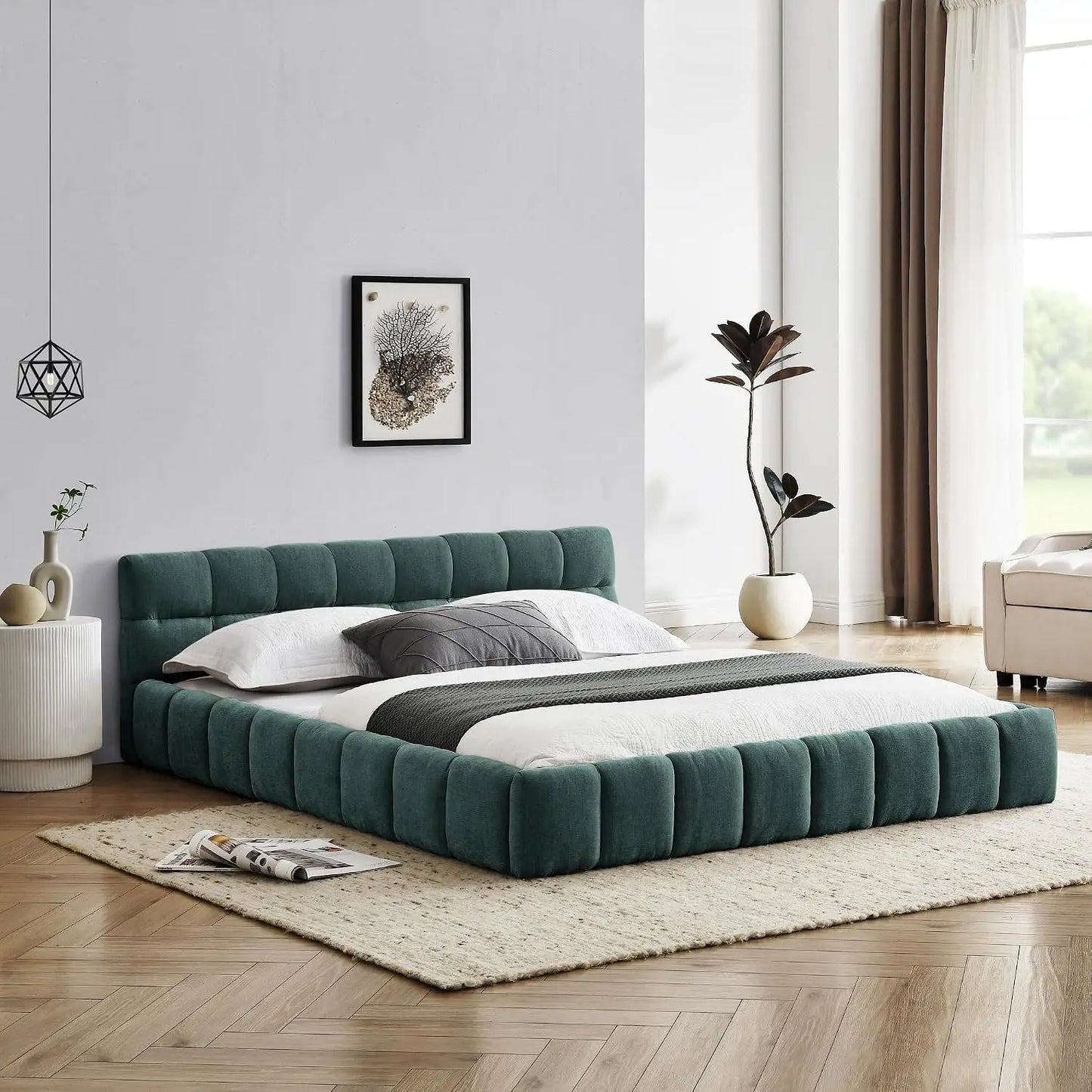 Custom Chenille Upholstered Platform Bed Frame With Cloud Soft Headboard