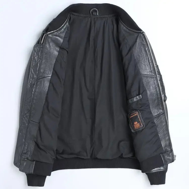 Leather Bomber Coat For Men With Zipper Front Pockets Cotton Lining