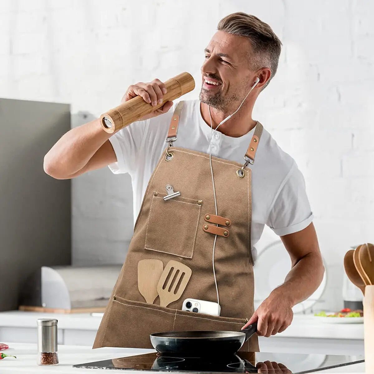 Canvas Kitchen Apron Waterproof Stain-Resistant With Pockets