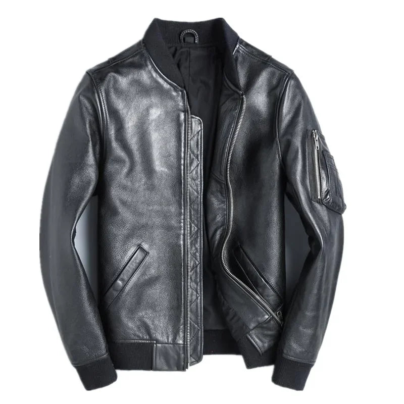 Leather Bomber Coat For Men With Zipper Front Pockets Cotton Lining
