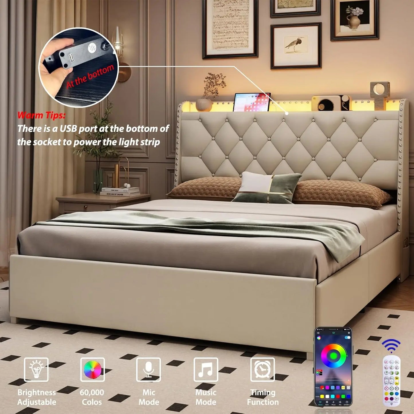 Queen Size Bed with 4 Drawers & Storage Headboard, LED Lights & Charging Station