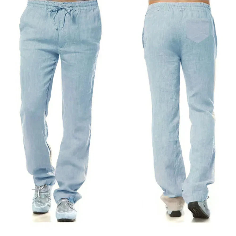 Men's Cotton Linen Pants Autumn Breathable Flat Front Trousers