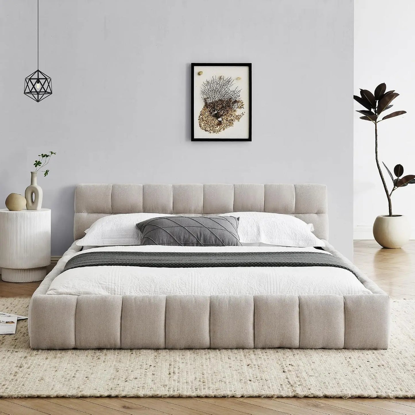 Custom Chenille Upholstered Platform Bed Frame With Cloud Soft Headboard