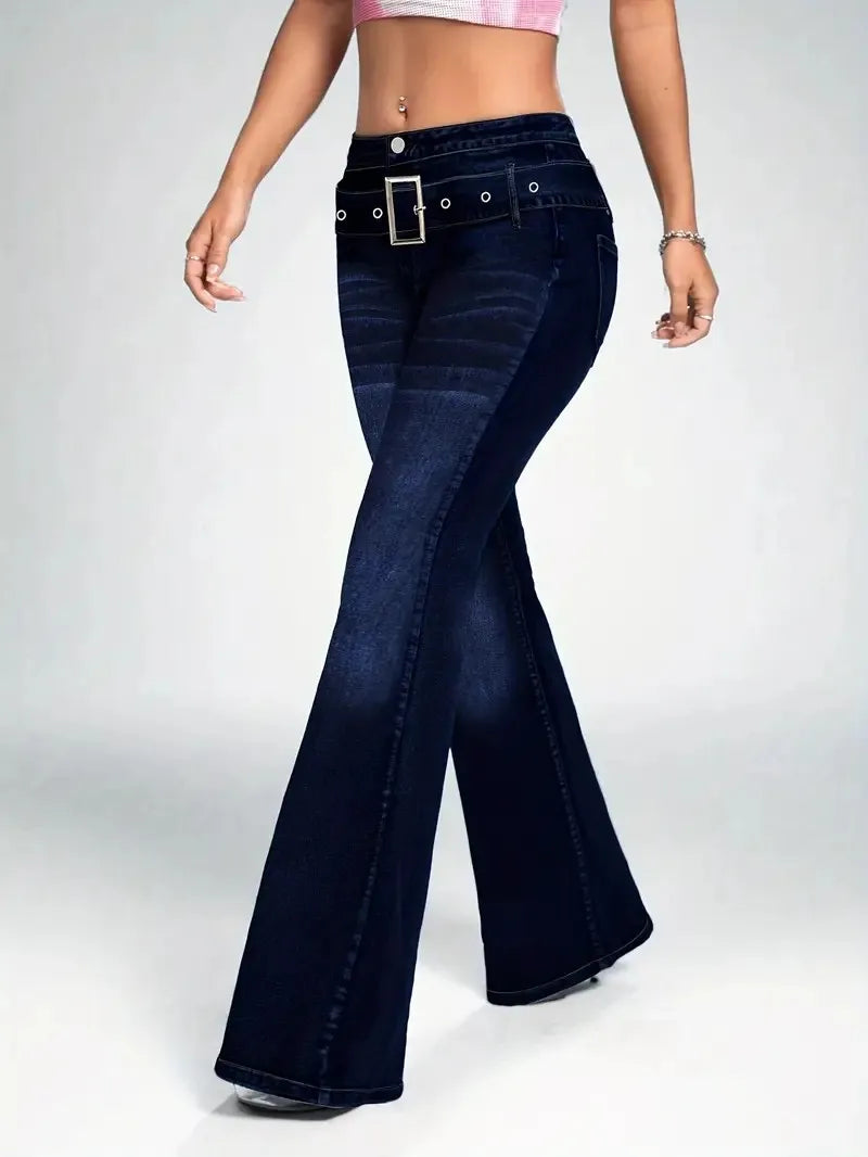 Casual Wash Stretch Slim Flare Jeans For Women Denim