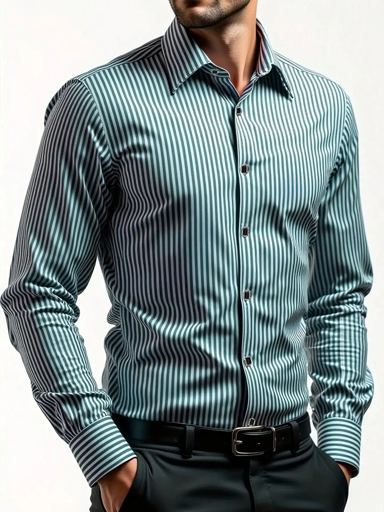 Men's Slim Fit Stripe Long Sleeve Business Casual Shirt