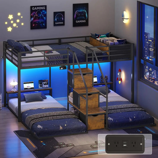 Triple Bunk Bed With Storage Staircase RGB Lights Charging Station