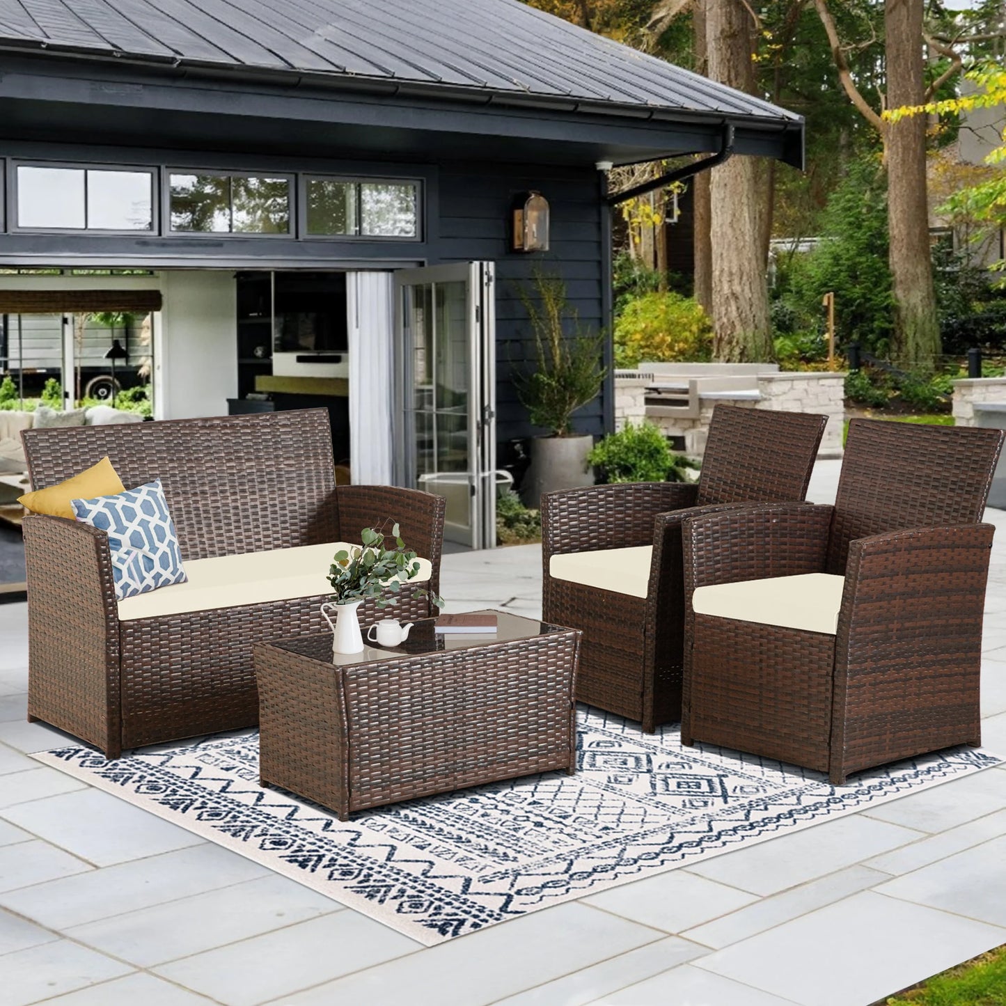 SEOGWISAM Outdoor 4 Piece Rattan Sectional Sofa Set