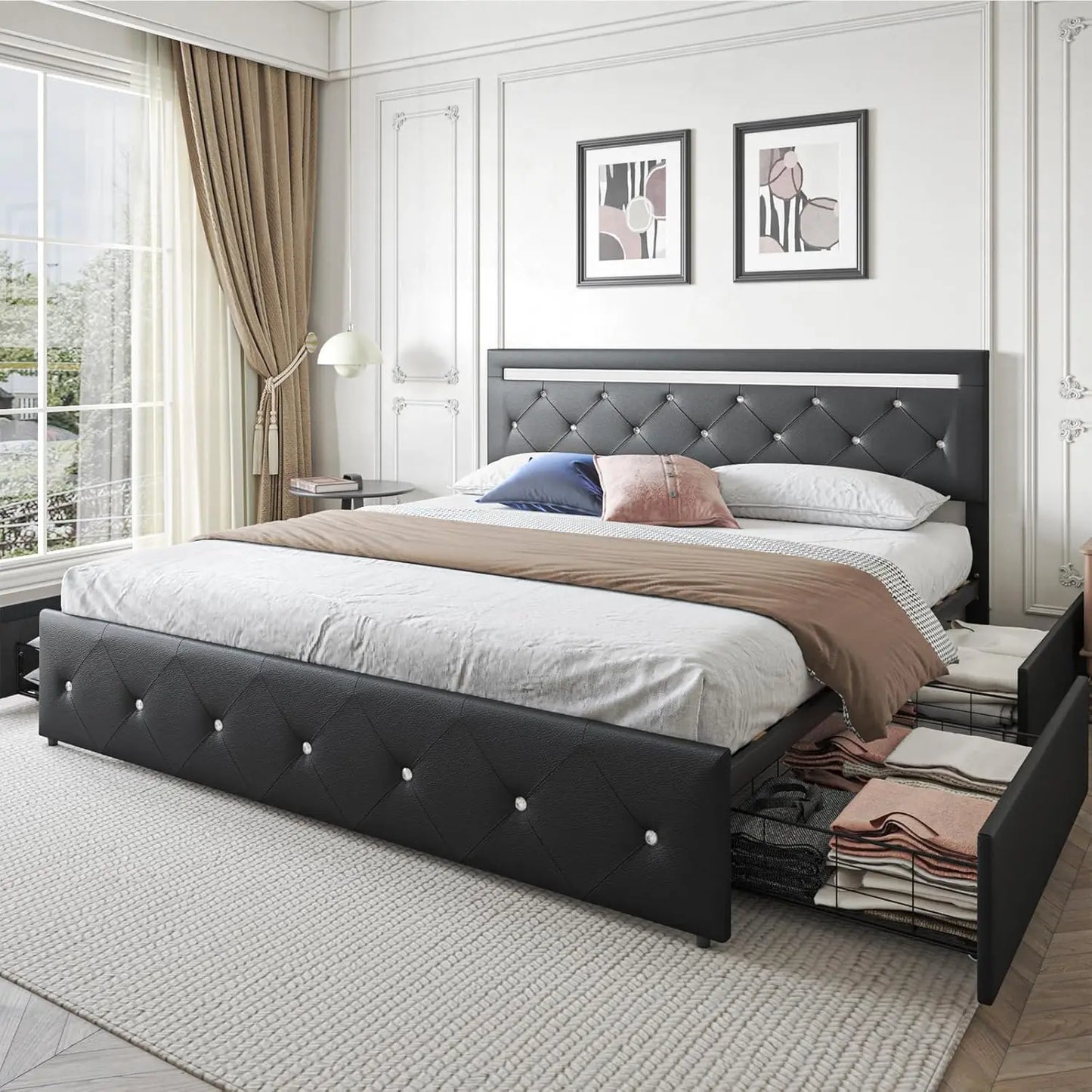 Queen Size Bed Frame with LED Light and Storage Drawers