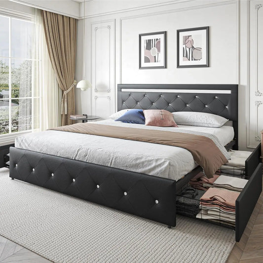 Queen Size Bed Frame with LED Light and Storage Drawers