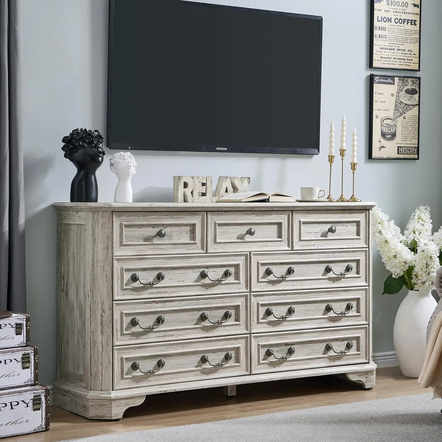 Farmhouse 9-Drawer Wood Rustic Dresser For Bedroom With Natural Texture