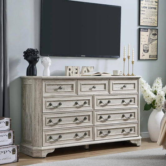 Farmhouse 9-Drawer Wood Rustic Dresser For Bedroom With Natural Texture
