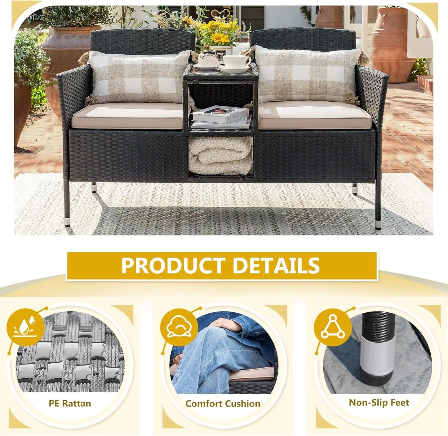 Modern Rattan 2 Seat Patio Conversation Set With Cushions