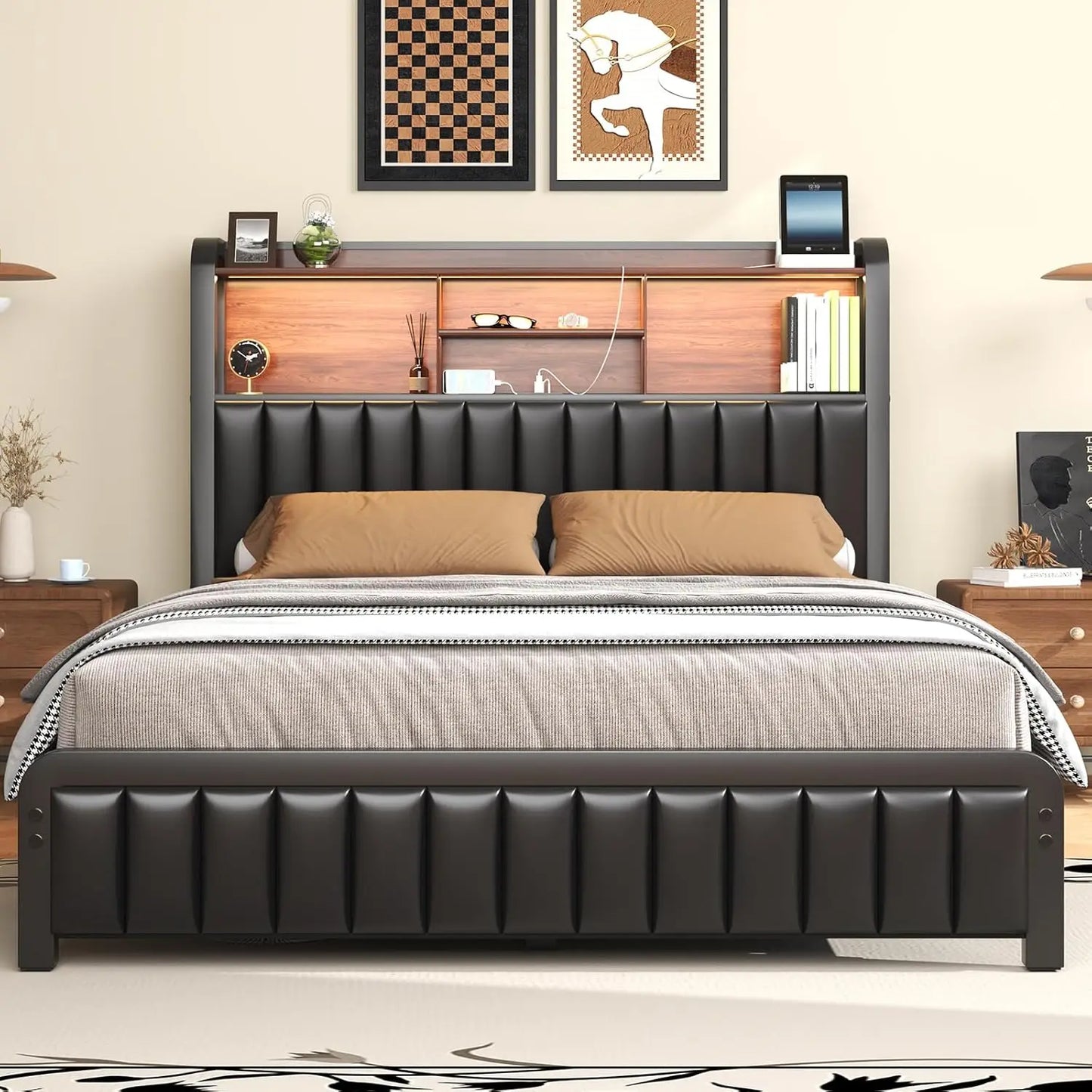 Queen Bed with 3-Tier Storage Headboard and Charging Station