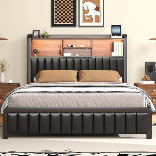 Queen Bed with 3-Tier Storage Headboard and Charging Station