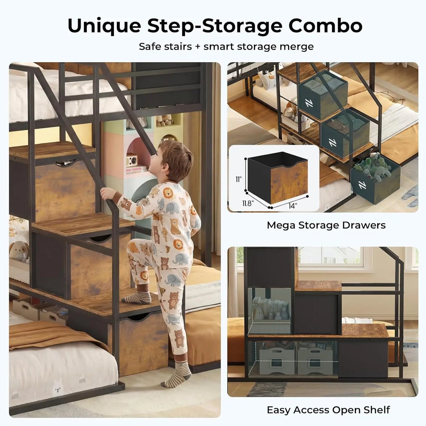 Triple Bunk Bed With Storage Staircase RGB Lights Charging Station