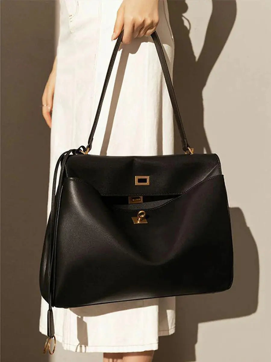 Genuine Leather Women's Large Capacity Handbag with Secure Hasp Closure