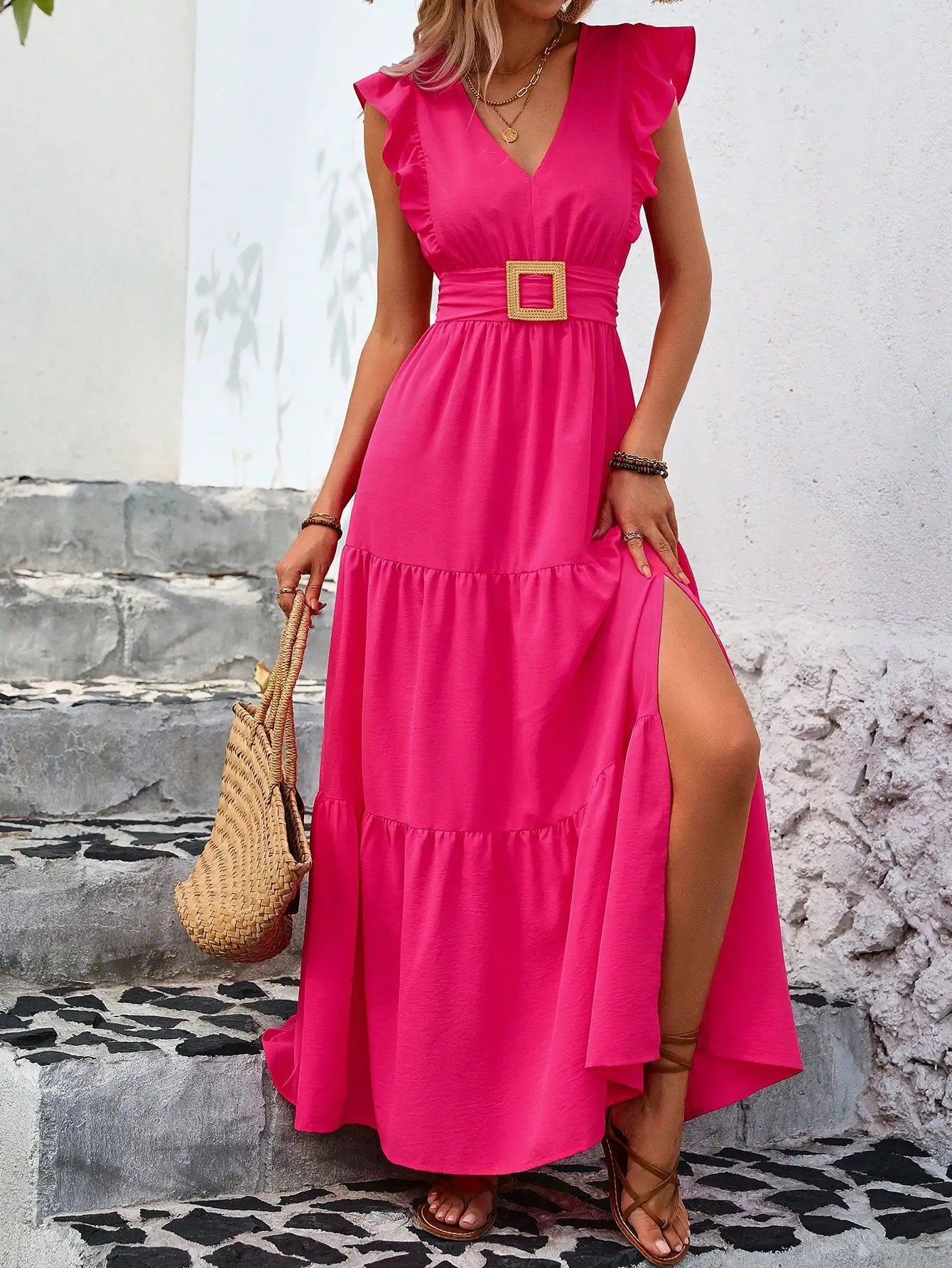Chiffon Maxi Dress With Ruffle Trim And High Slit For Women