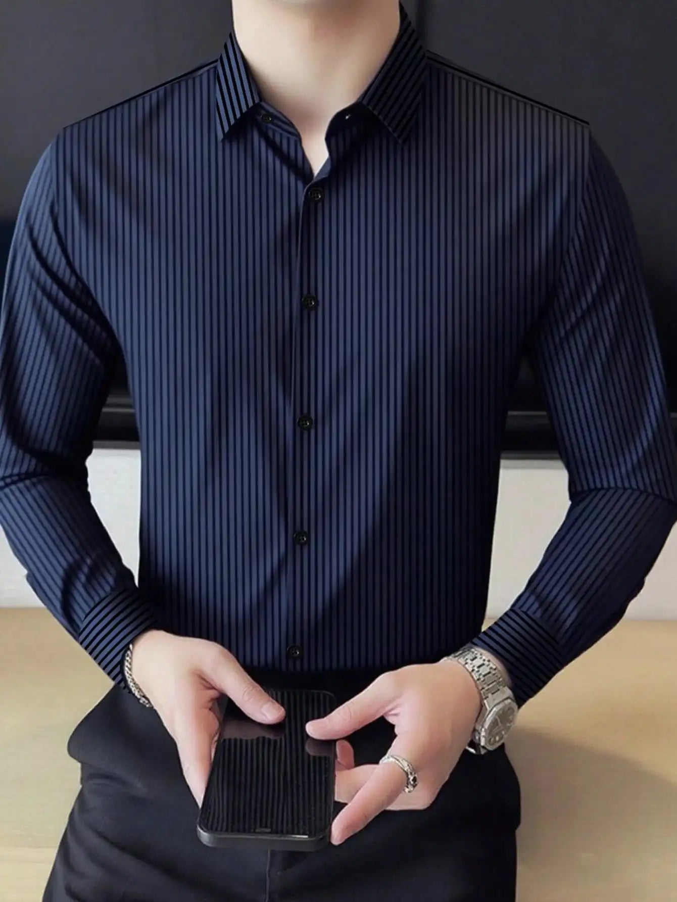 Men's Slim Fit Stripe Long Sleeve Business Casual Shirt