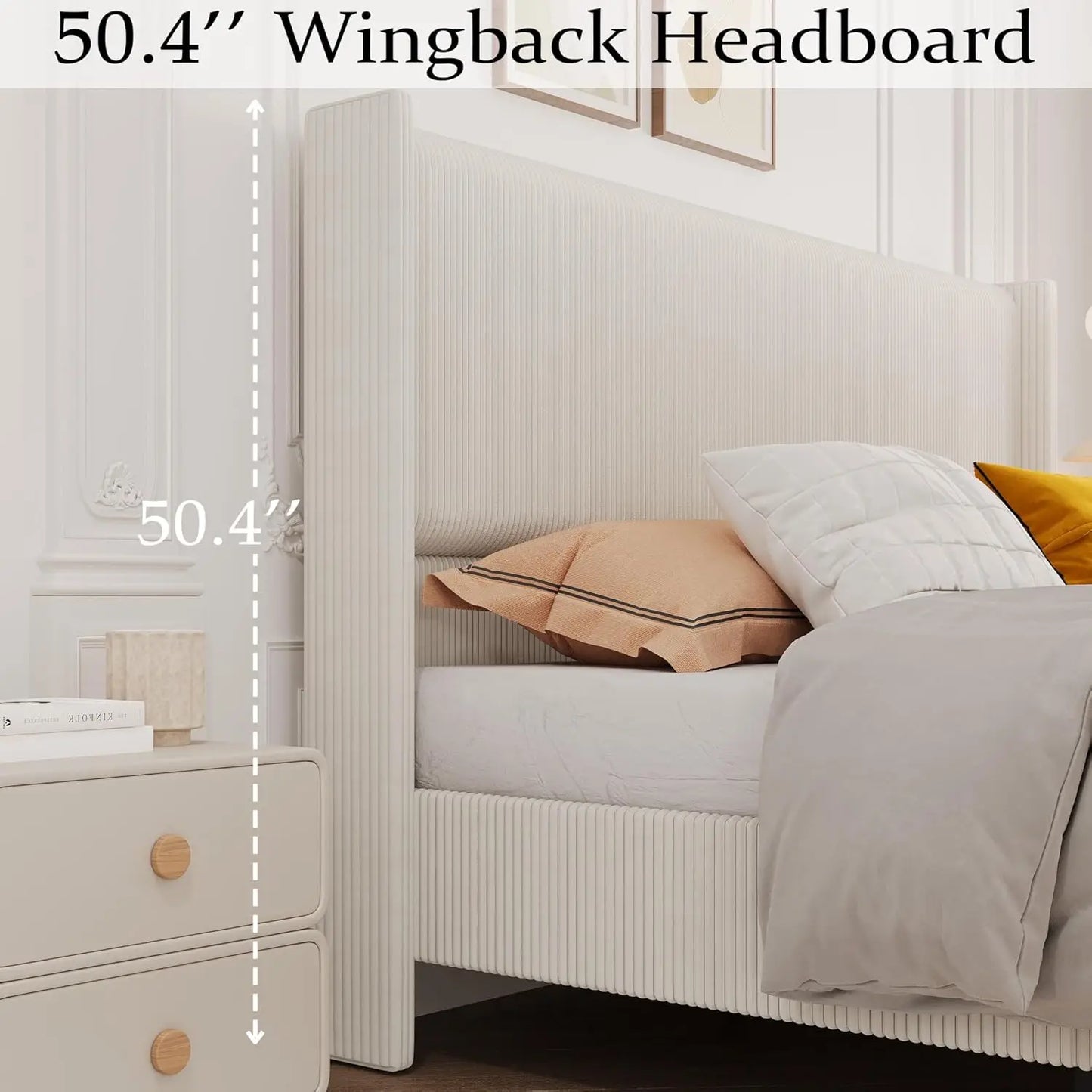 Corduroy Upholstered King Bed Frame with Wingback Headboard