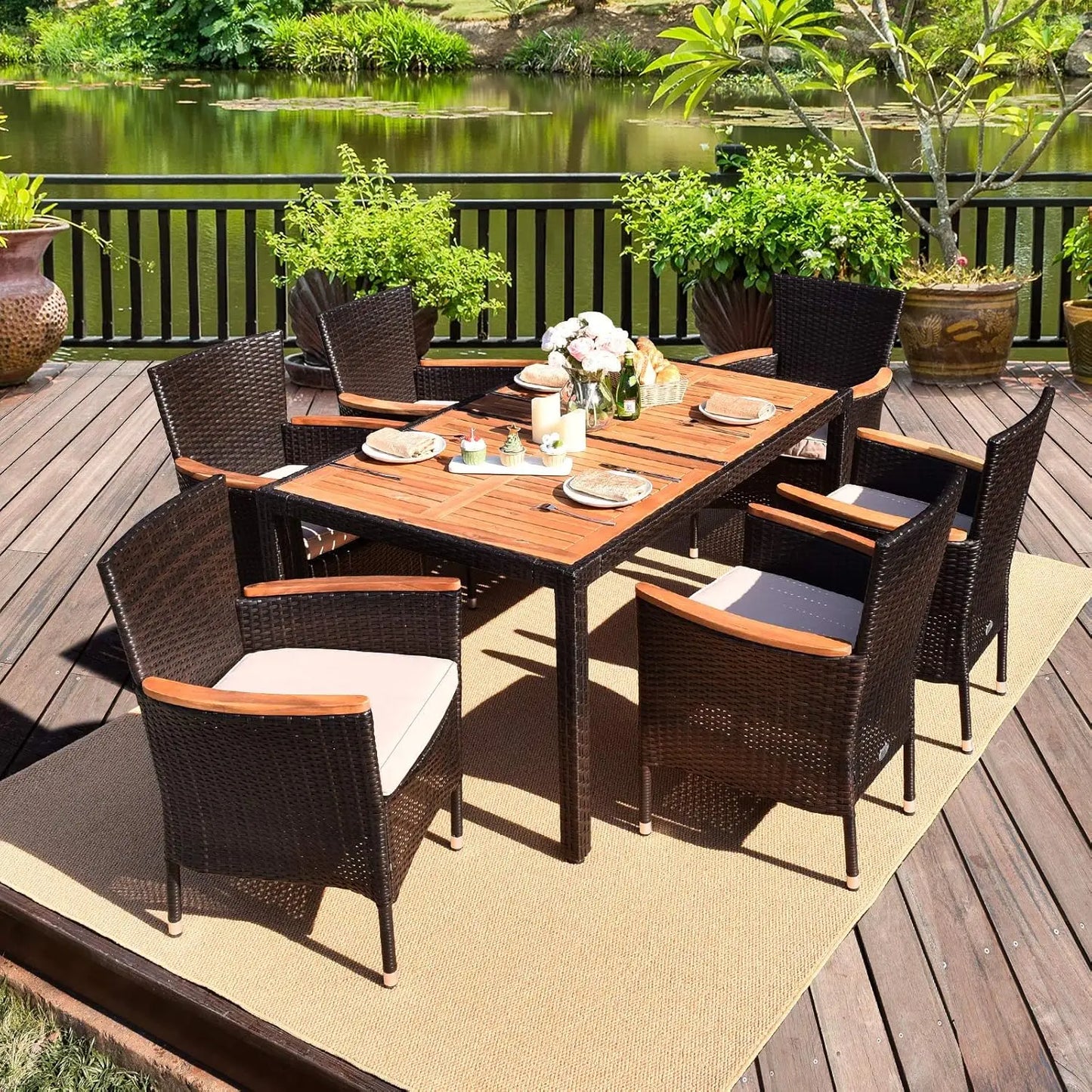 Outdoor Patio Dining Set With Acacia Wood Table Top