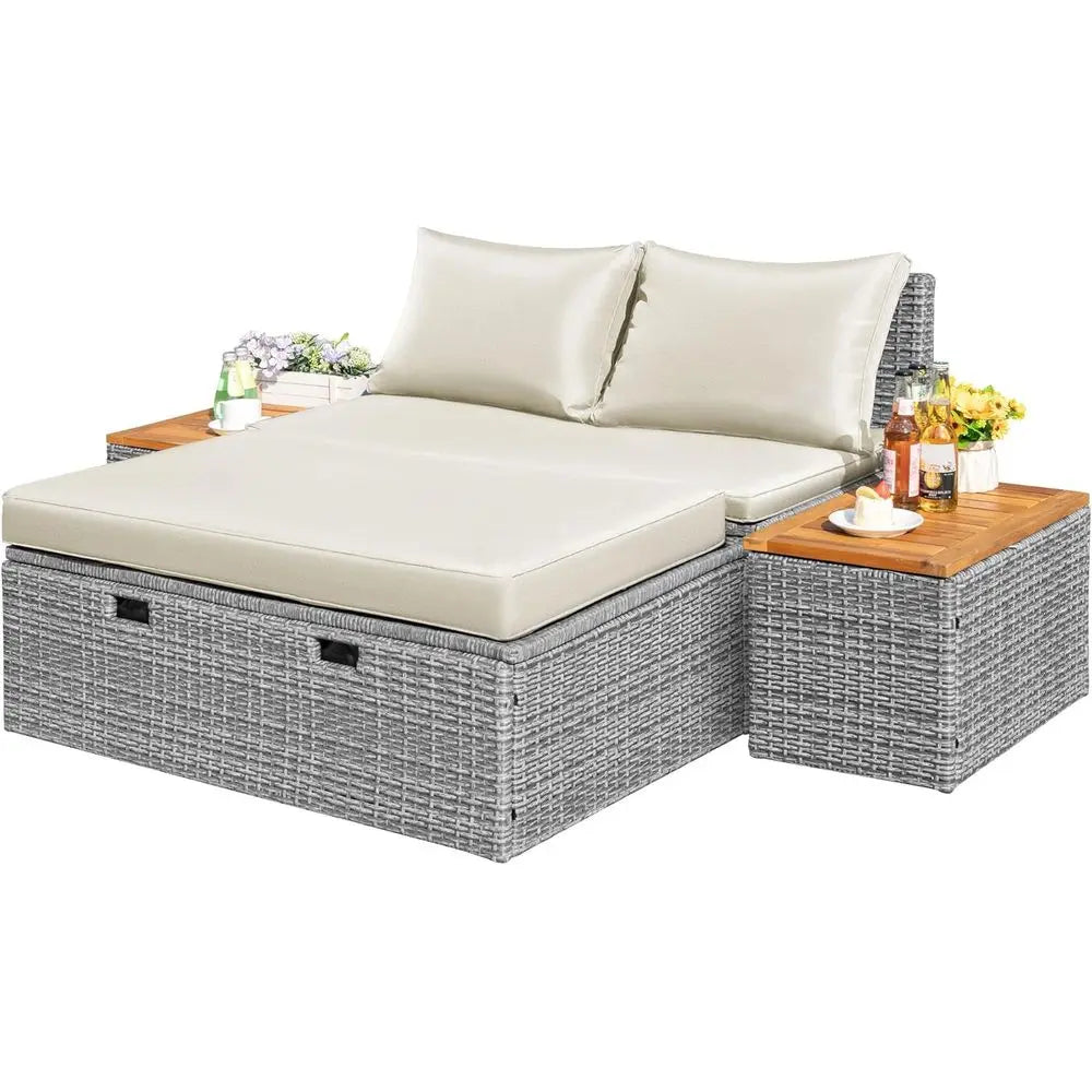 Rattan Daybed With Side Tables And Storage Ottoman