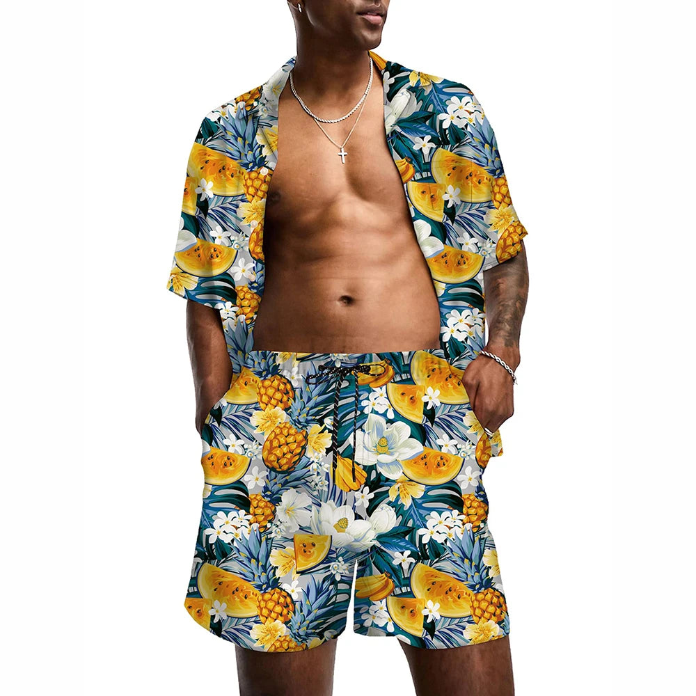 KYKUCN Men Summer Short Sleeve Button Down Beach Shirt Set