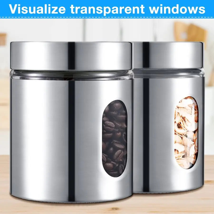 Six Pack Stainless Steel Kitchen Canisters Set With Window