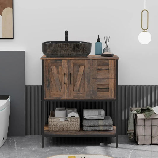 Rustic Farmhouse Vanity Set With Ceramic Sink And Wood Cabinet